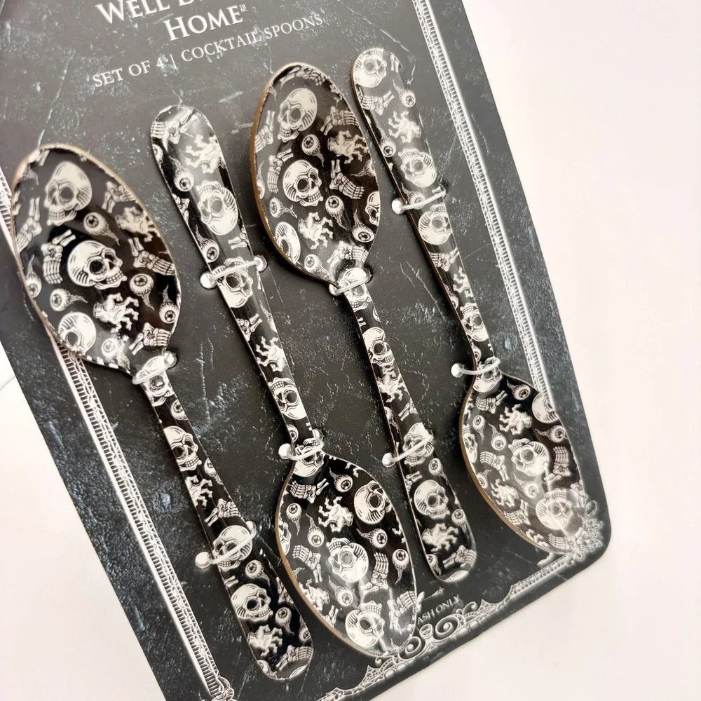 Well Dressed Home Set of 4 Skull Cocktail Spoons Black White Gold Gothic Goth